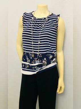 Maison Jules Navy & White Striped Floral Border Tank
